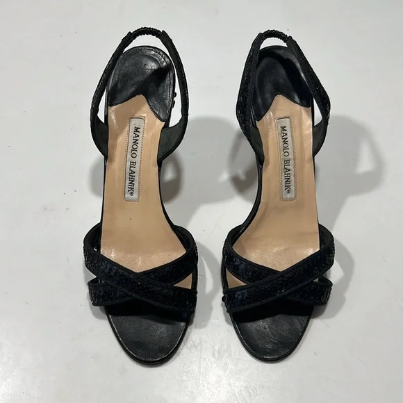 Manolo Blahnik Black Sequin Kitten Heels Sandals Stiletto Sz 37.5 7.5 - Picture 3 of 8
